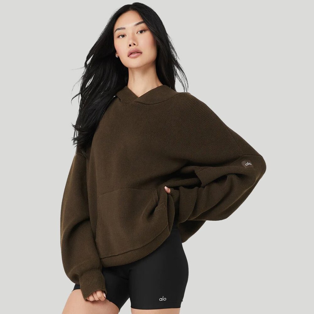 ALO YOGA Scholar Hooded Sweater in Espresso SIZE Small